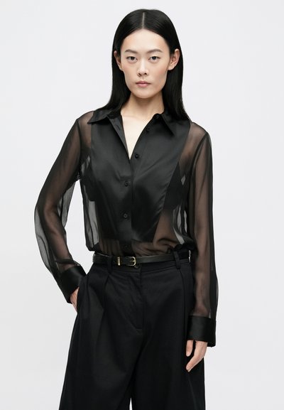 Black sheer long-sleeve shirt with button closure, tailored collar, and contrasting solid panels. Worn with high-waisted black pants.