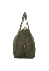 Borsa verde oliva a forma triangolare, realizzata in tessuto resistente. Presenta due manici lunghi e dettagli marroni vicino alla chiusura.