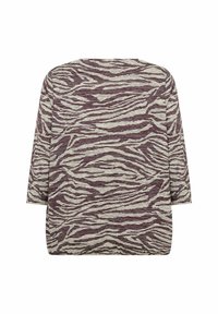 Maglietta a righe viola e beige con vestibilità rilassata, dotata di maniche a tre quarti e un motivo in maglia testurizzato.