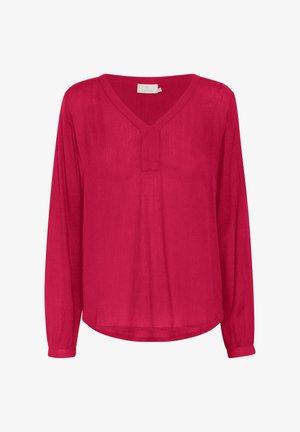 Blusa roja de manga larga con escote en V, de tela ligera y dobladillo redondeado. Presenta un diseño de placket sutil en el escote.