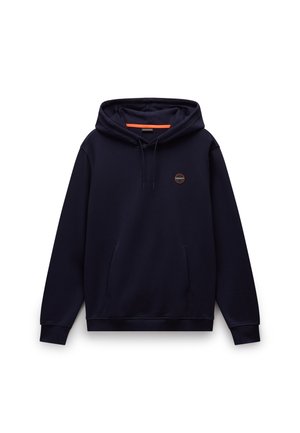 Navy blue hoodie made of soft fabric; features a front pocket, drawstring hood, and a circular logo in orange on the chest.