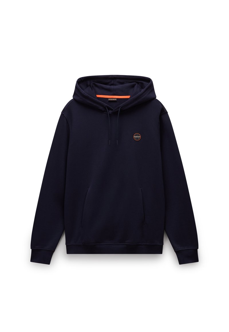 Felpa di colore blu navy realizzata in tessuto morbido; presenta una tasca frontale, cappuccio con cordino e un logo circolare arancione sul petto.