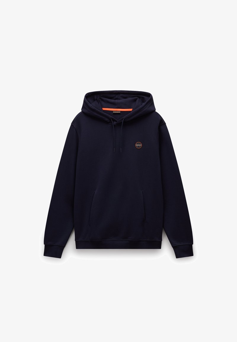 Felpa di colore blu navy realizzata in tessuto morbido; presenta una tasca frontale, cappuccio con cordino e un logo circolare arancione sul petto.