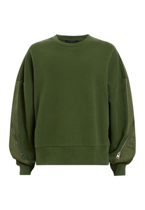 Green oversized sweatshirt with long, puffy sleeves and zippered accents along the shoulders. Made from soft, textured material.