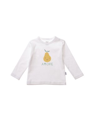Langärmliges weißes Hemd aus Baumwolle mit einem lächelnden Birnen-Design und dem Text "AMORE" in grün darunter. Druckknöpfe an einer Schulter.