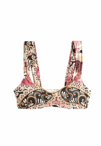 Daugiakolonė bikini viršutinė dalis su gėlių ir spiraliniais raštais, su plačiomis petnešėlėmis, centrinės raukšlės detalėmis ir dekoratyvine apdaila iškirptėje.