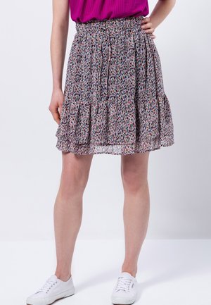 Jupe à motifs floraux, longueur genoux, en tissu léger. Caractéristiques d'une taille froncée avec un bandeau élastique et des volants au niveau de l'ourlet.