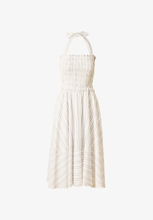Abito midi bianco senza maniche con corpetto arricciato, collo halter con laccio e sottili righe nere diagonali sui pannelli della gonna.