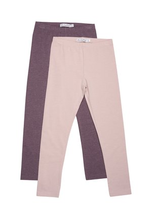 Zwei Leggings-Paare: eines in sanftem Mauve, das andere in hellem Beige. Beide verfügen über einen glatten, dehnbaren Stoff mit einem bequemen Bund.