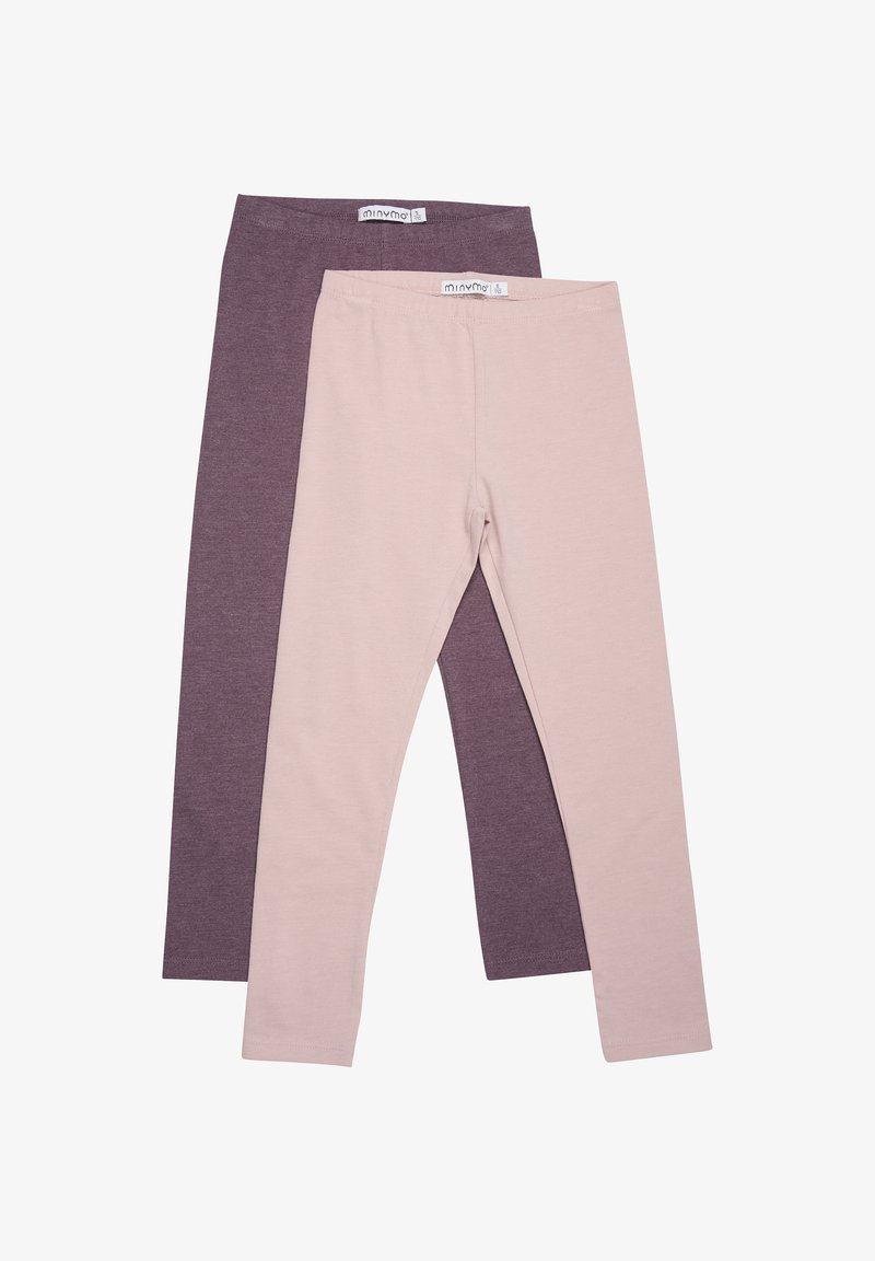 Twee paar leggings: één in zacht mauve, de andere in lichtbeige. Beide hebben een gladde, rekbare stof met een comfortabele tailleband.