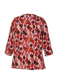 Blusa a maniche lunghe con polsini ripiegati, caratterizzata da un motivo circolare sovrapposto in rosso, rosa e bordeaux, vista da dietro.