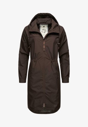 Giacca impermeabile marrone con cappuccio, vita regolabile con coulisse, zip completa e polsini elastici. Presenta una fodera interna a motivo.