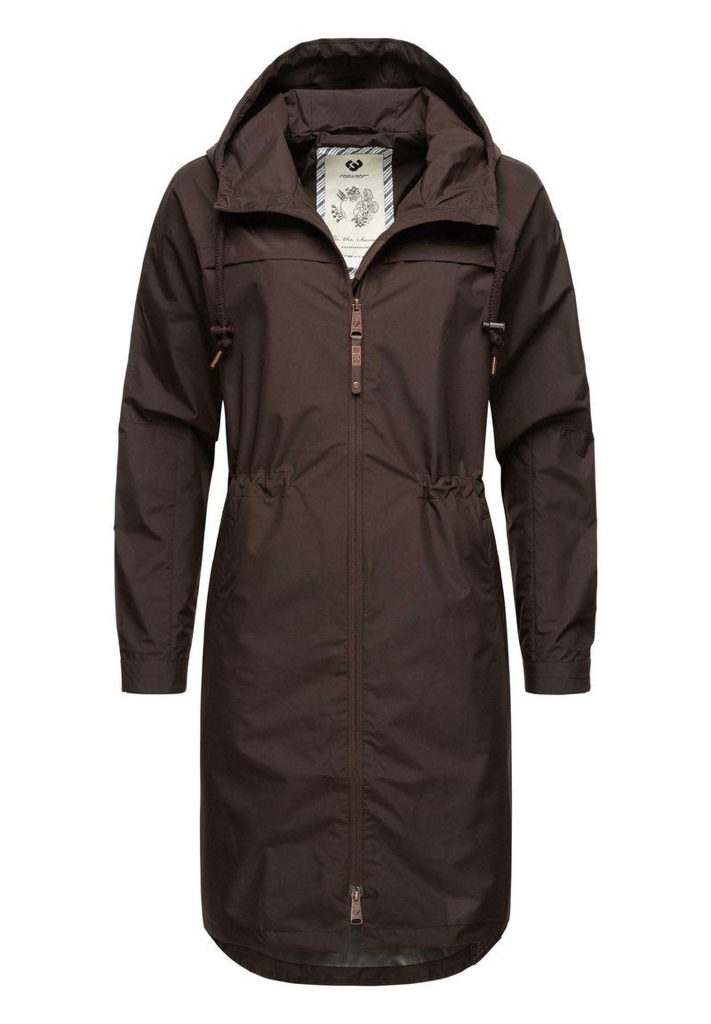 Brun vattentät jacka med huva, dragsko i midjan, hel dragkedja och elastiska muddar. Har ett mönstrat innerfoder.