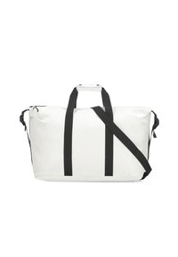 White duffel bag made of smooth material, featuring black straps and a detachable shoulder strap. Zipper closure with a top handle.