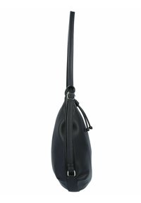 Zwarte leren schoudertas met een lange schouderband, ronde vorm, gestructureerde afwerking en een ritssluiting met koordaccenten.