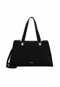 Black handbag made of textured material with a structured rectangular shape, top zip closure, and dual short handles; features metal accents.