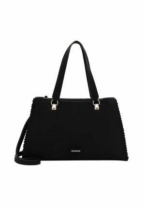 Black handbag made of textured material with a structured rectangular shape, top zip closure, and dual short handles; features metal accents.