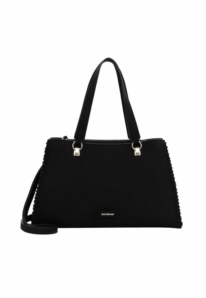 Black handbag made of textured material with a structured rectangular shape, top zip closure, and dual short handles; features metal accents.
