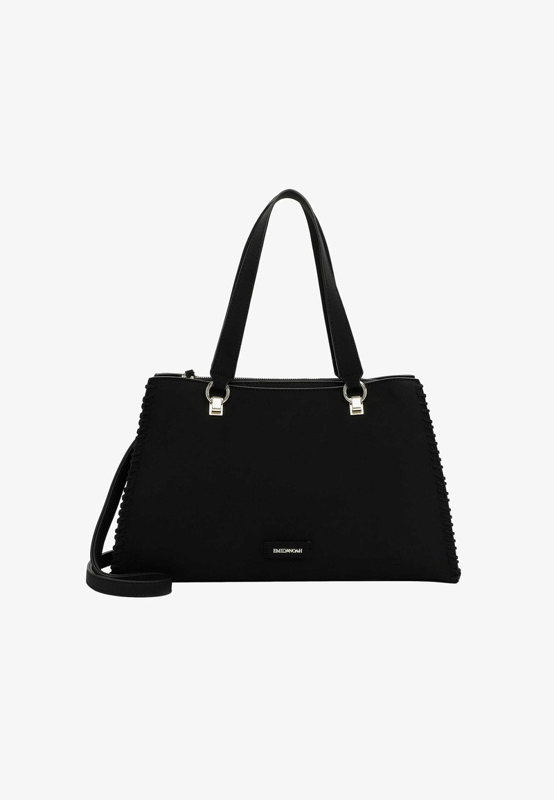 Czarna torebka wykonana z teksturowanego materiału o strukturalnym prostokątnym kształcie, z górnym zamkiem błyskawicznym i podwójnymi krótkimi uchwytami; posiada metalowe akcenty.