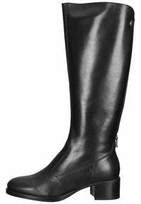 Botte en cuir noir montant jusqu'au genou avec un bout rond, des coutures minimales et un talon bloc. Équipée d'une fermeture éclair latérale pour un enfilage facile. Texture lisse.