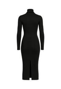 Schwarzes, geripptes Midikleid mit Rollkragen, langen Ärmeln und einem Schlitz vorne. Betont die Figur und hat eine glatte Textur.