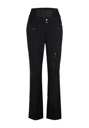 Black cargo pants made of stretch fabric with a high waist, multiple zippered pockets, and a slight flared leg design.