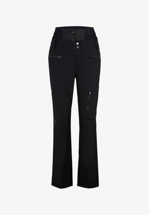 Black cargo pants made of stretch fabric with a high waist, multiple zippered pockets, and a slight flared leg design.