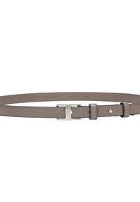Skórzany pasek w jasnoszarym kolorze, o płaskim, cienkim designie ze srebrnym zapięciem. Stemple z logo na wewnętrznej stronie, rozmiar 95 cm.