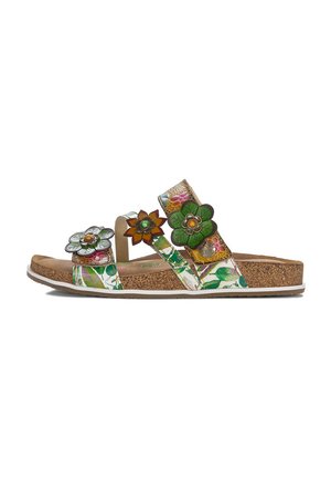 Wielokolorowe sandały z kwiatowymi akcentami, korkową wkładką i dwiema paskami, z liściastym wzorem na górnym materiale.