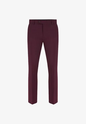 Bordowe spodni dresowe wykonane z gładkiego materiału, z płaskim przodem, szlufkami na pasek i pojedynczym zapięciem na guzik.