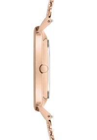 Roségoldene Uhr mit rundem Gehäuse, polierter Oberfläche und Gliederarmband. Verfügt über eine strukturierte Krone und glatte Glasscheibe.