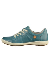 Teal leather sneaker with cream laces, perforated design on the side, and a small tan accent near the heel. Soft textured upper and rubber sole.