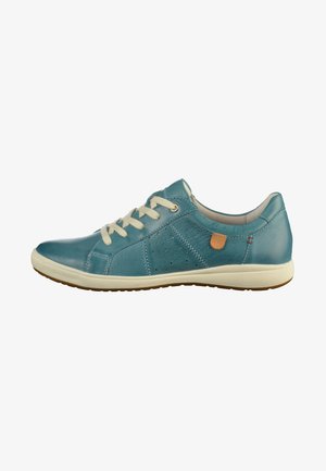 Teal leather sneaker with cream laces, perforated design on the side, and a small tan accent near the heel. Soft textured upper and rubber sole.
