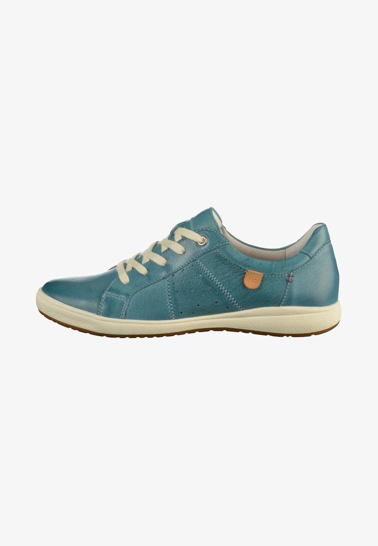 Teal leather sneaker with cream laces, perforated design on the side, and a small tan accent near the heel. Soft textured upper and rubber sole.