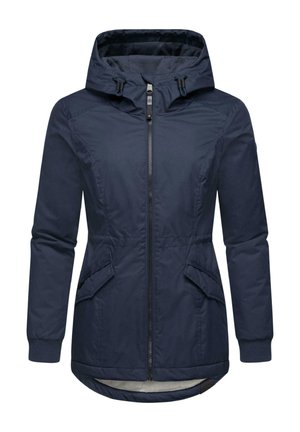 Navy blue hooded jacket with a zip front, two side pockets, ribbed cuffs, and a slightly curved hem. Made from soft, textured material.