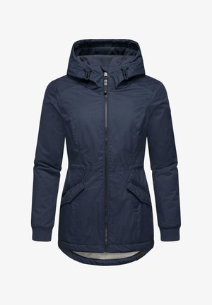 Veste à capuche bleu marine avec fermeture éclair sur le devant, deux poches latérales, manches côtelées et ourlet légèrement arrondi. Fabriquée en matériau doux et texturé.