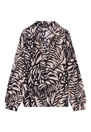 Langärmliges, kragenloses Hemd mit einem schwarzen Hintergrund und einem weißen sowie gedämpften rosa Blattmuster. Strukturierter Stoff mit lockerer Passform.