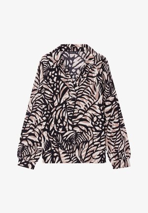 Camicia a maniche lunghe con colletto, caratterizzata da uno sfondo nero con un motivo di foglie bianche e rosa tenue. Tessuto testurizzato con un fit rilassato.