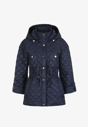 Kék tengerészkék steppelt dzseki kapucnival, ezüst ékszerekkel, állítható húzózsinóros derékrésszel és négy első zsebbel. Gyémántmintás, texturált felület.