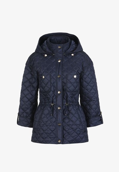 Gesteppte marineblaue Jacke mit Kapuze, silbernen Beschlägen, verstellbarem Kordelzug in der Taille und vier Vordertaschen. Strukturierte Oberfläche mit Diamantmuster.