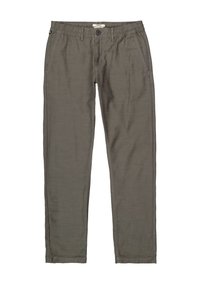 Grijze geweven broek met een relaxte pasvorm, voorzien van een knoop- en elastische tailleband, twee voorzakken en een soepele textuur.