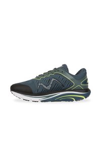Blue and black athletic shoe with mesh upper, green accents, and a cushioned sole. Features geometric patterns on the sides and lacing system.