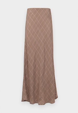 Long, flared skirt with a brown geometric pattern, featuring a smooth texture and an elastic waistband for comfort.