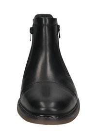 Schwarze Leder-Stiefeletten mit glatter Oberfläche, seitlichem Reißverschluss und runder Schuhspitze. Detaillierte Nähte entlang der Sohle.