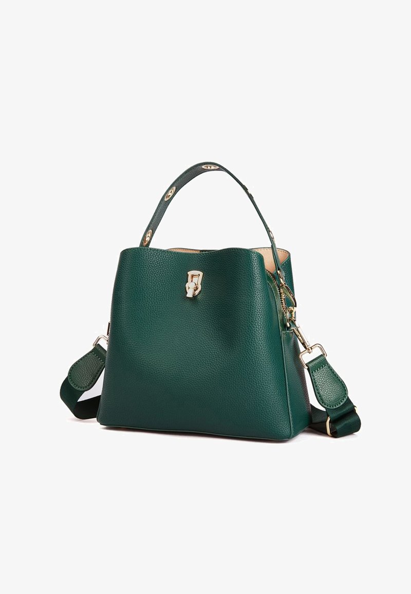 Borsa a mano in pelle verde con una forma strutturata, superficie testurizzata, dettagli in oro, manico superiore e tracolla regolabile.