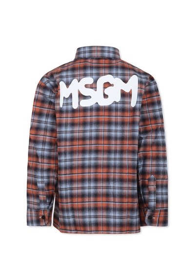 Camicia in flanella a quadri arancione, blu e nero. Presenta un logo grafico bianco "MSGM" sul retro e polsini con bottoni.