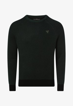 Pull en maille côtelée verte à manches longues, col rond et poignets noirs. Présente un petit logo triangulaire sur la poitrine.