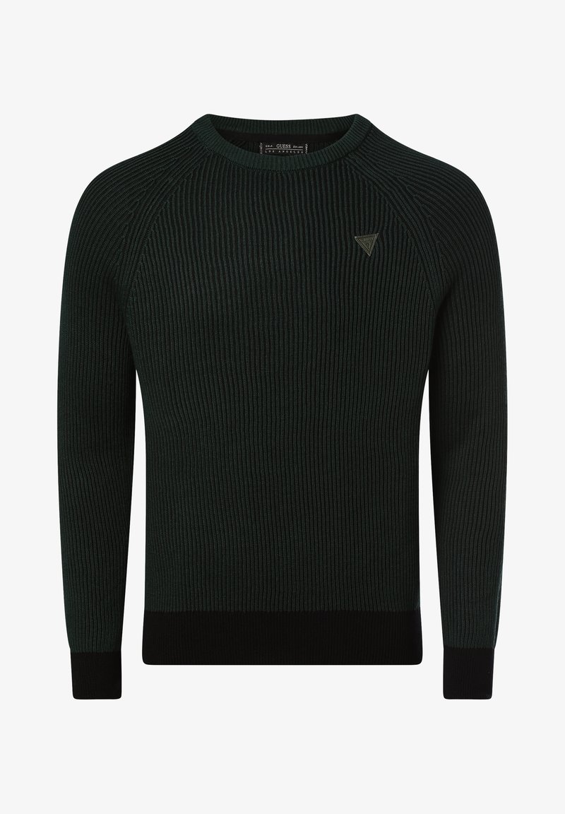 Pull en maille côtelée verte à manches longues, col rond et poignets noirs. Présente un petit logo triangulaire sur la poitrine.