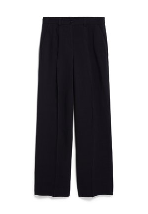 Zwarte wijde broek van lichtgewicht stof, met een knoopsluiting, plooien aan de voorkant en zijzakken voor extra functionaliteit.