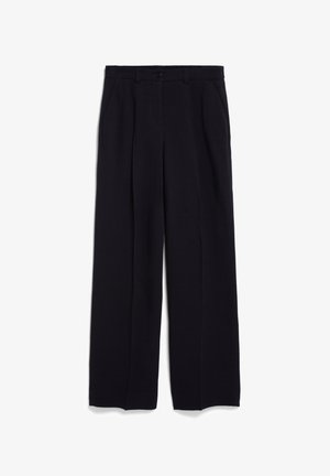 Black wide-leg trousers made of lightweight fabric, featuring a button closure, front pleats, and side pockets for added functionality.